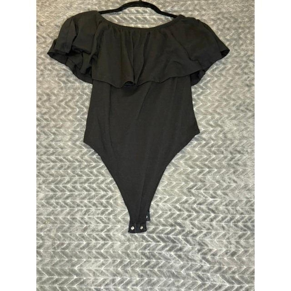 Zenana Black Off The Shoulder Ruffle Bodysuit Snap Closure Women Large 0033